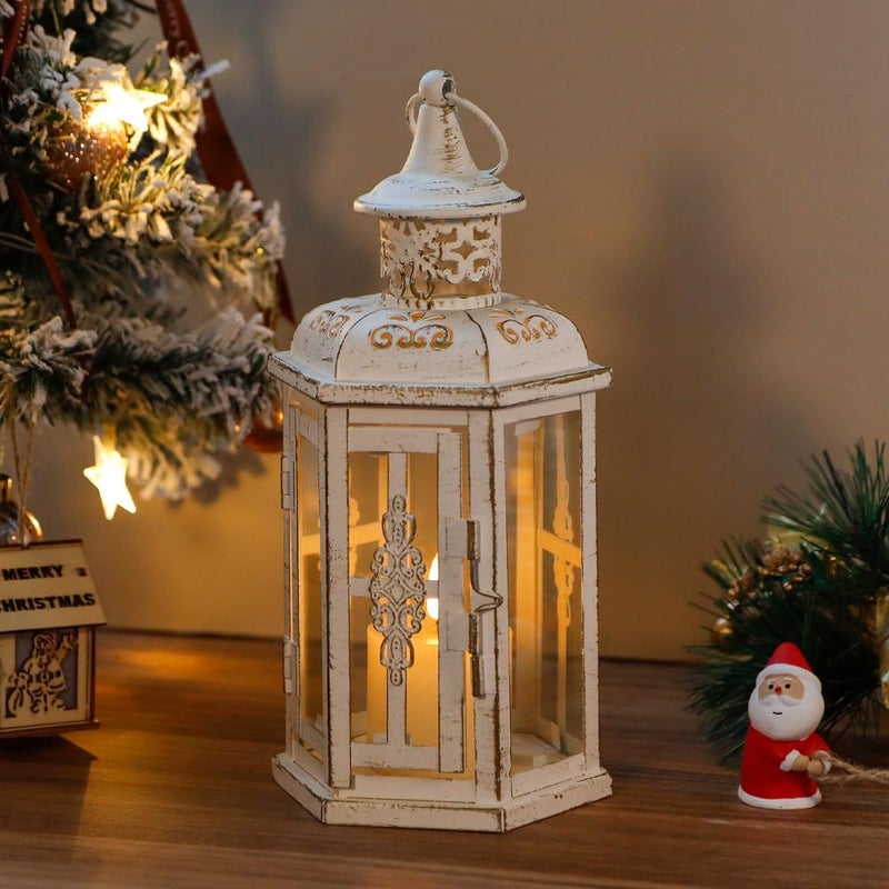 JHY DESIGN Decorative Candle lantern-10inch High Vintage Style Hanging Lantern Metal Candleholder for Indoor Outdoor Events Parities and Weddings (White with Gold Brush) - Image 5
